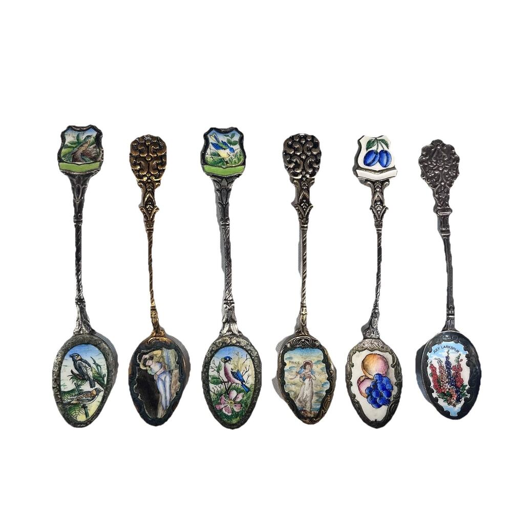 Vintage 6 pc Spoon Lot Czechoslovakia Cloisonné Enamel Floral Maidens (#25B) - Picture 2 of 12